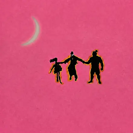 Tant pis pour elle remix artwork: three dark silhouettes holding hands beneath a crescent moon on a pink background.